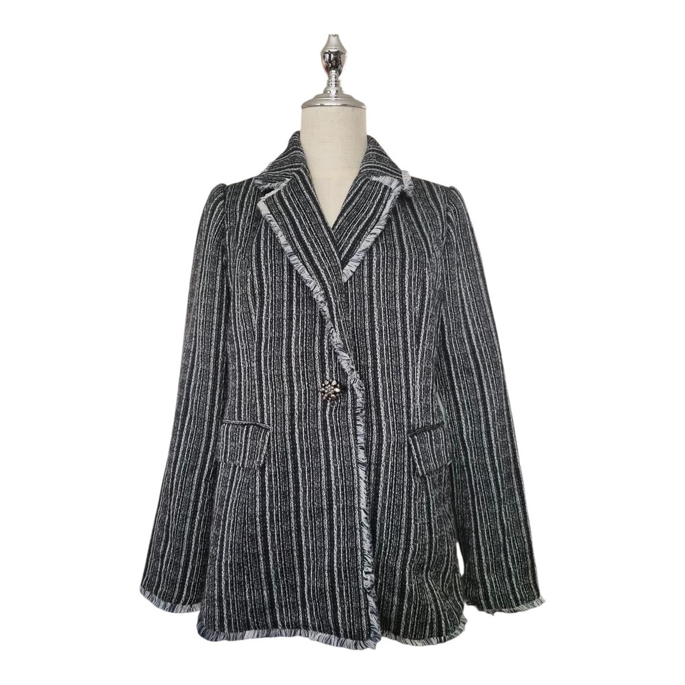 Chico's Tweed Blazer‎ Jacket Navy Black Fringe Trim Rhinestone Button Women's S